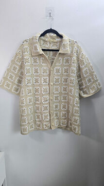 Sandstone Men's Beige/White Crochet Open Knit Collared Button Sweater XL